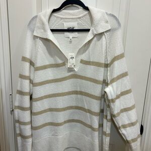 NWT Aerie unREAL Polo V-Neck Sweater White and Tan Striped Knit, Size Small